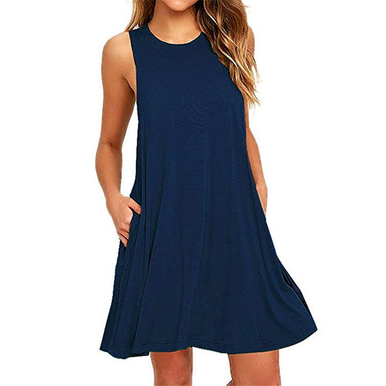 Summer New Hot Sale  Color Sleeveless Slim A- line Dress Women
