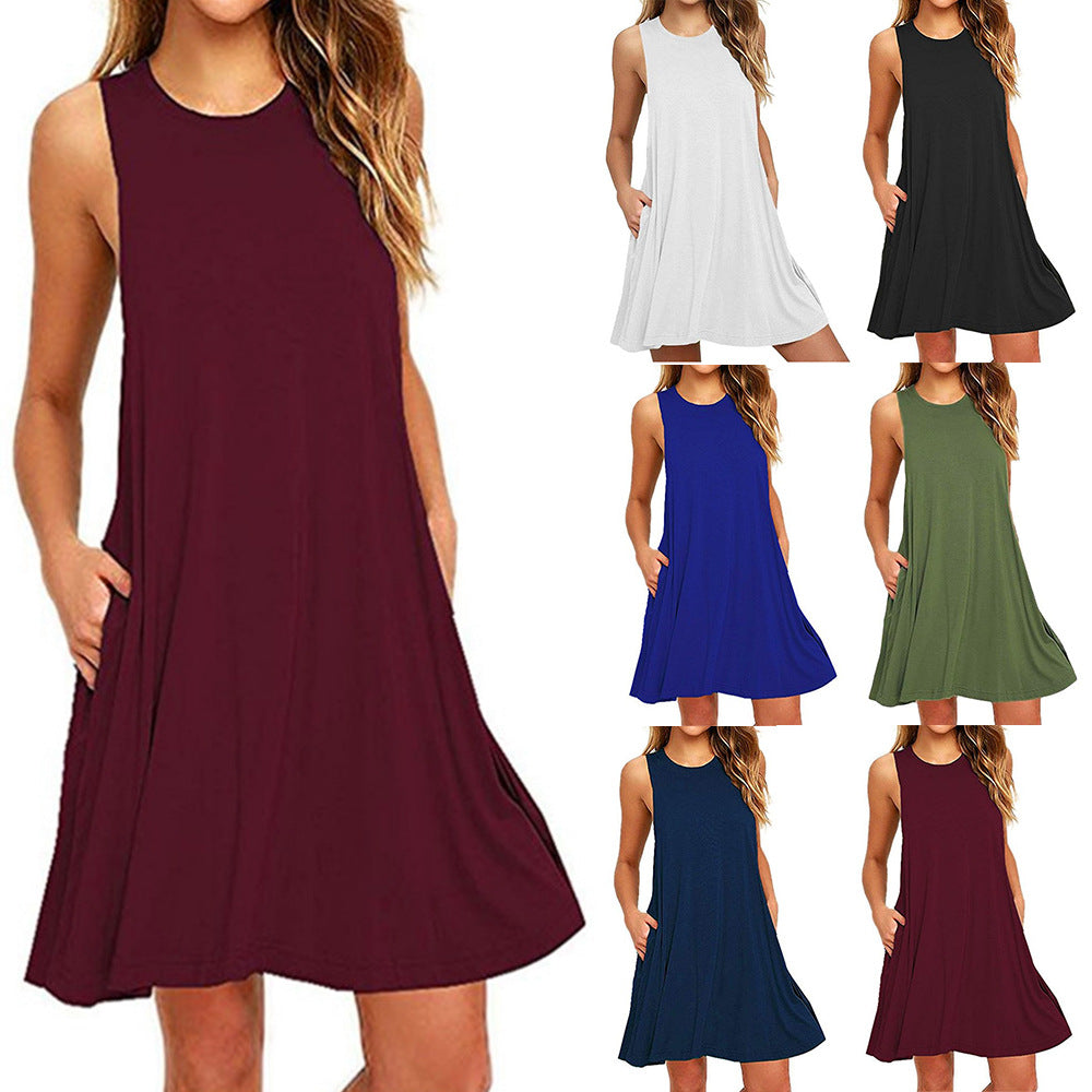 Summer New Hot Sale  Color Sleeveless Slim A- line Dress Women