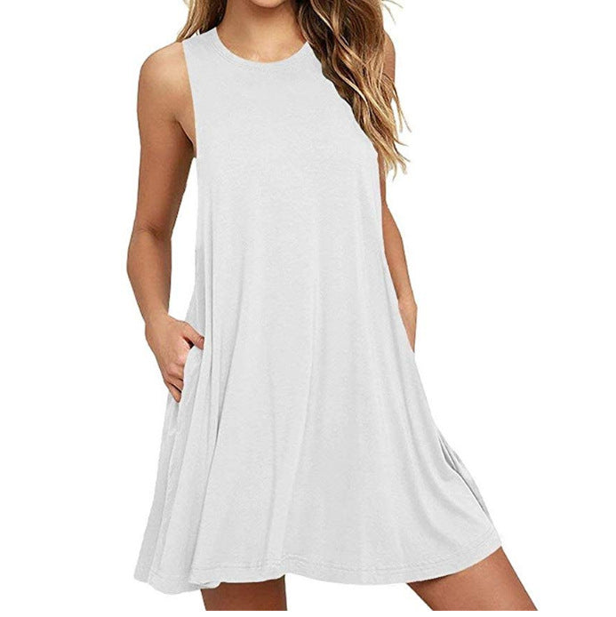Summer New Hot Sale  Color Sleeveless Slim A- line Dress Women