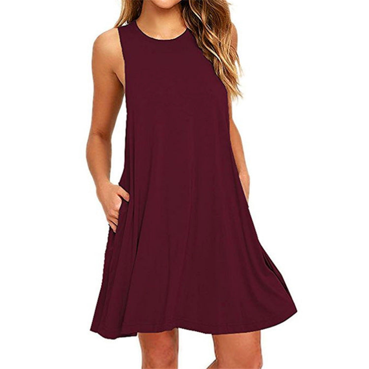 Summer New Hot Sale  Color Sleeveless Slim A- line Dress Women