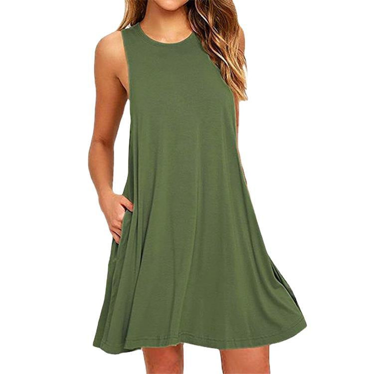 Summer New Hot Sale  Color Sleeveless Slim A- line Dress Women