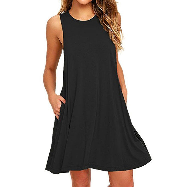 Summer New Hot Sale  Color Sleeveless Slim A- line Dress Women
