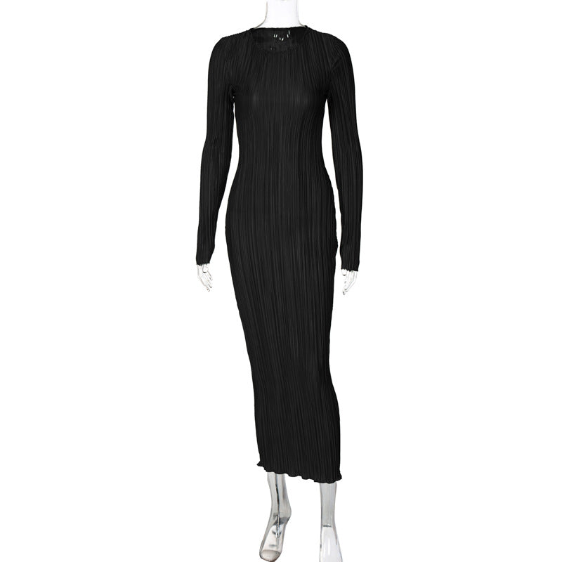 style women's clothing autumn new fashion casual solid color round neck long-sleeved slim dress