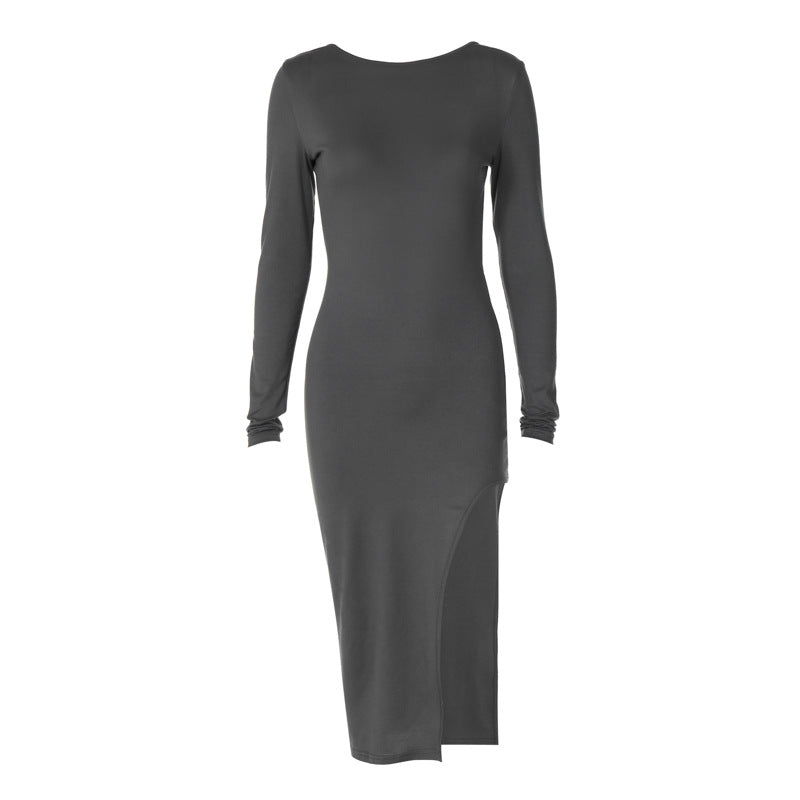 Solid color long-sleeved hip-covering skirt winter new women's sexy backless slit dress