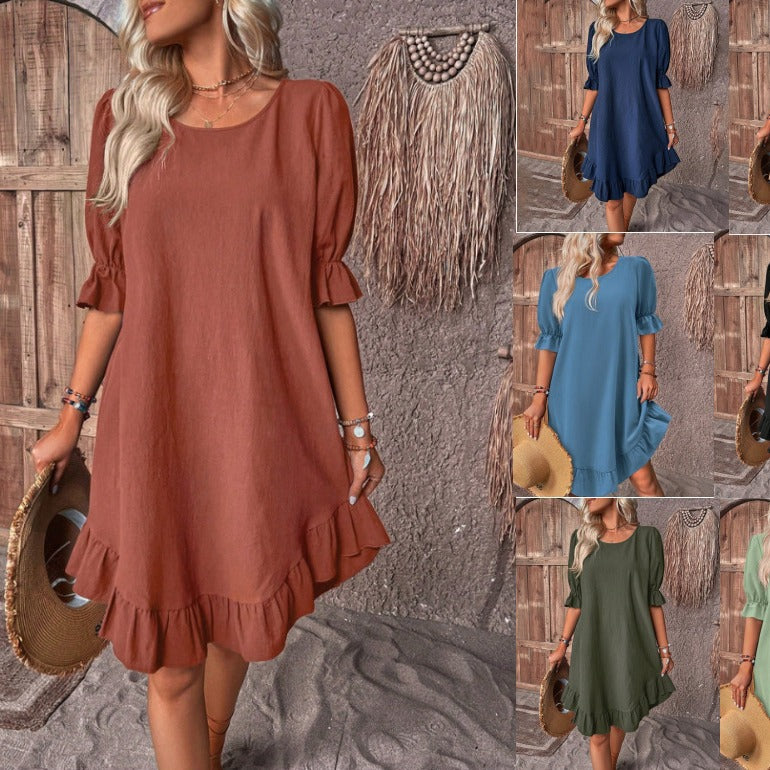 Spring and Summer women's retro cotton and linen mid-sleeve round neck solid color loose swing dress