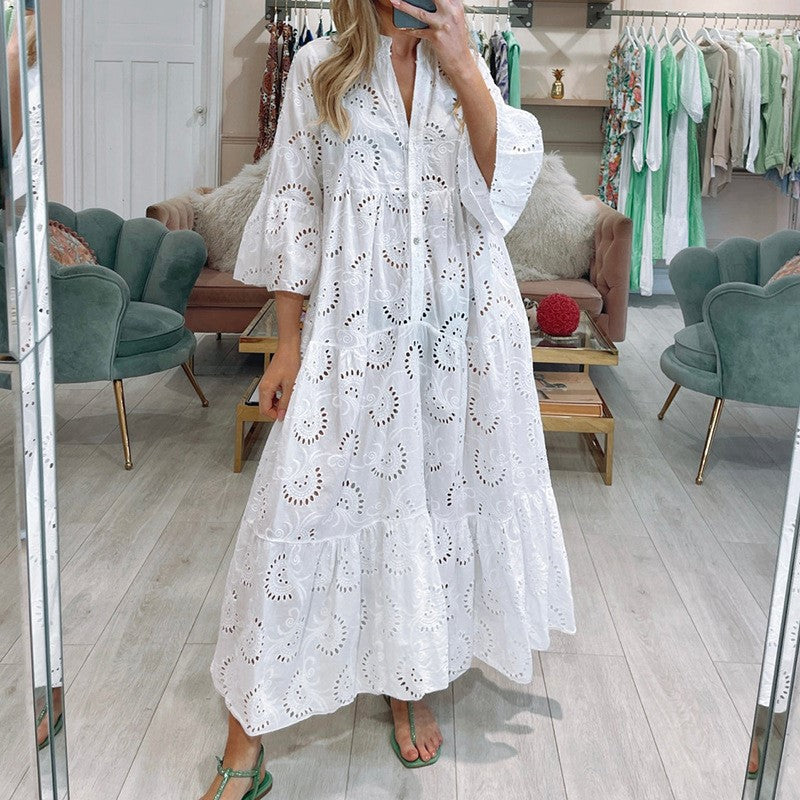 Summer and Autumn French Style V-neck Bell Sleeve Lace Hollow-out Solid Color Sexy Long Dress for Women