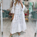 Summer and Autumn French Style V-neck Bell Sleeve Lace Hollow-out Solid Color Sexy Long Dress for Women