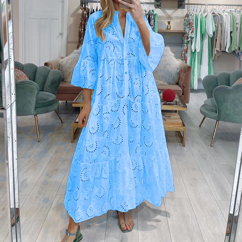 Summer and Autumn French Style V-neck Bell Sleeve Lace Hollow-out Solid Color Sexy Long Dress for Women