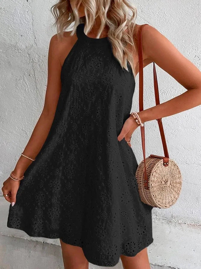 Summer New Women's Lace Solid Color Sleeveless Button Halter Dress