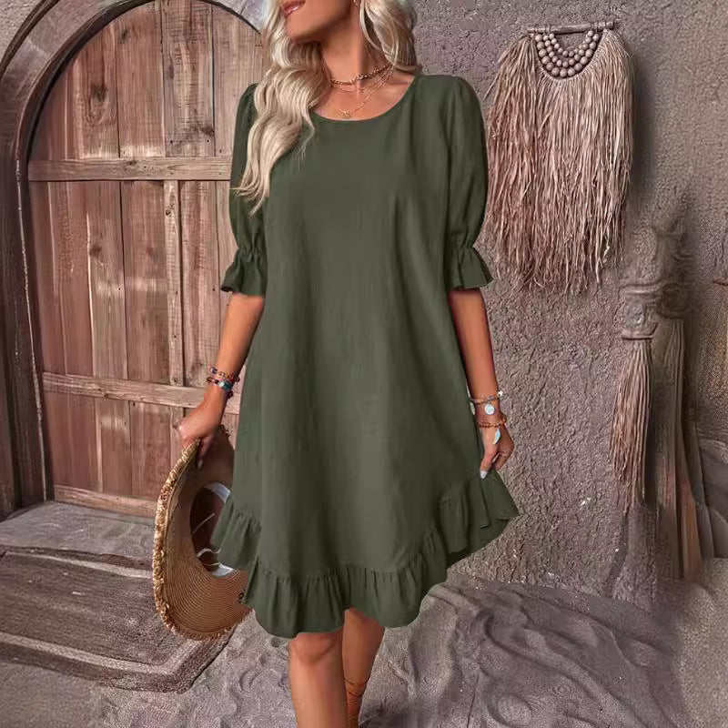 Spring and Summer women's retro cotton and linen mid-sleeve round neck solid color loose swing dress