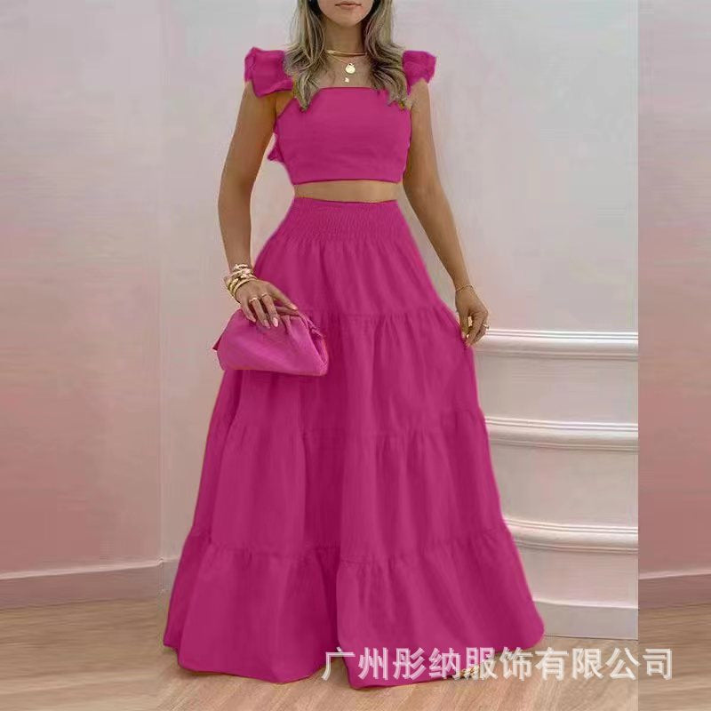 new temperament sexy solid color mid-waist suspenders two-piece suit dress