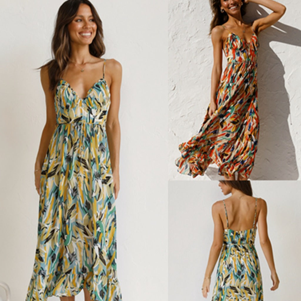 summer new women's print ruffled suspender dress