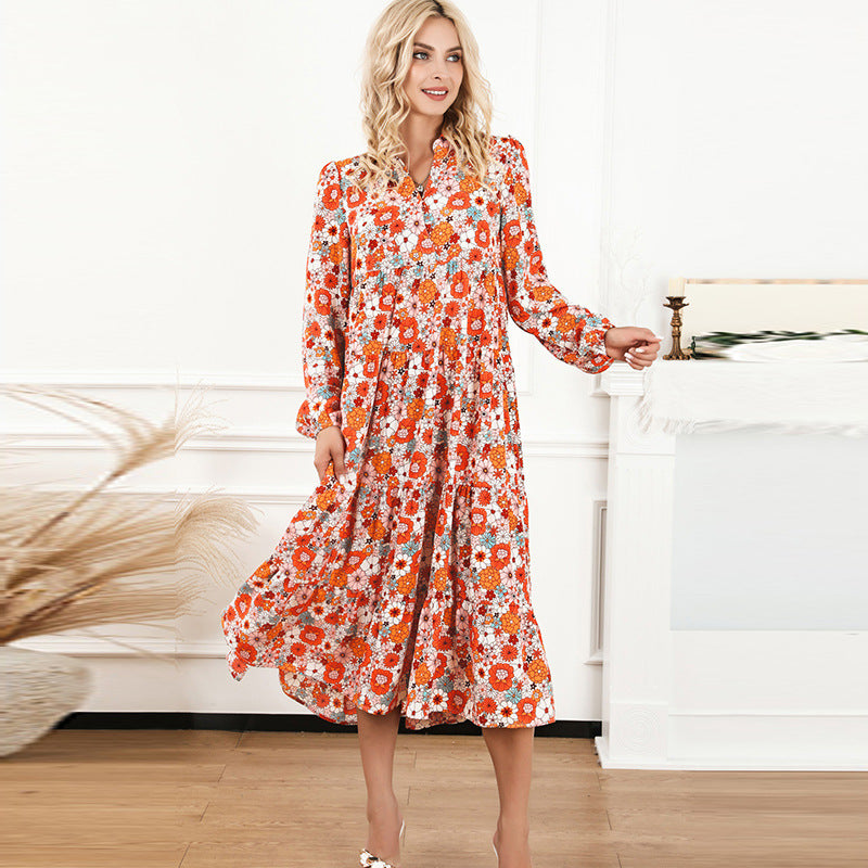 thin bohemian style printed long skirt for women autumn new ruffled dress for women