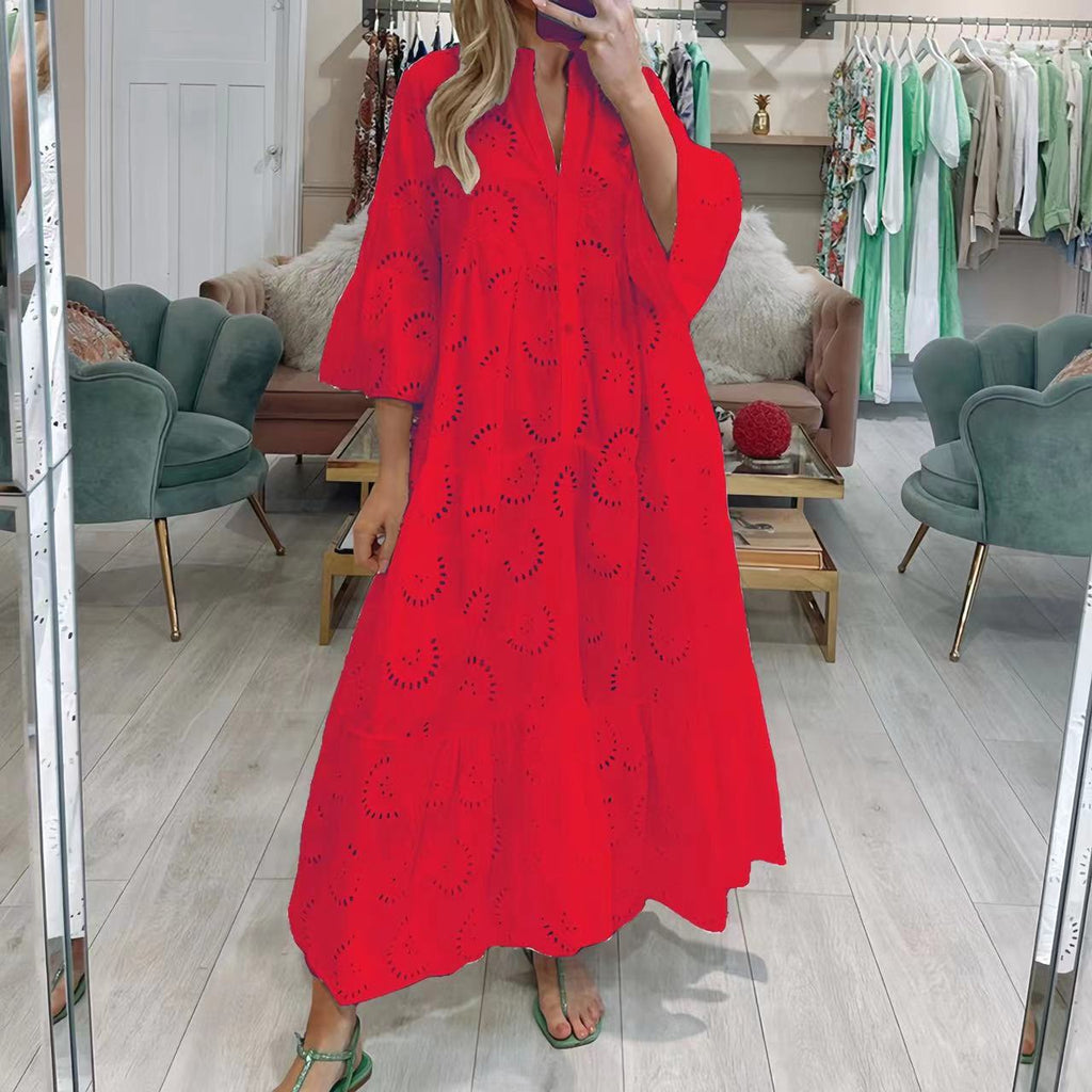 Summer and Autumn French Style V-neck Bell Sleeve Lace Hollow-out Solid Color Sexy Long Dress for Women