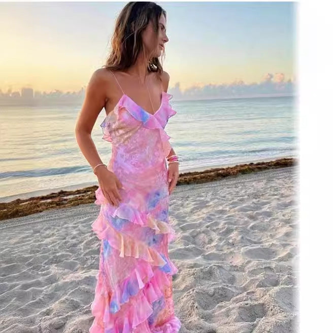 style ins  women's fashion printing sexy sling backless lace irregular dress trendy Dress
