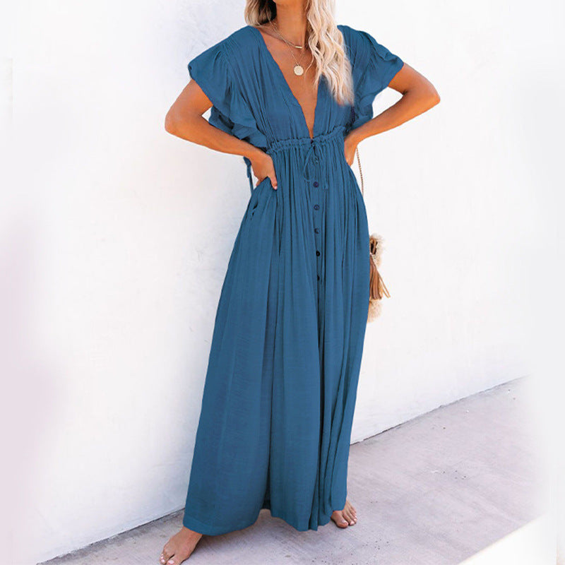 new solid color beach cover-up long skirt sun protection shirt Hawaii seaside vacation