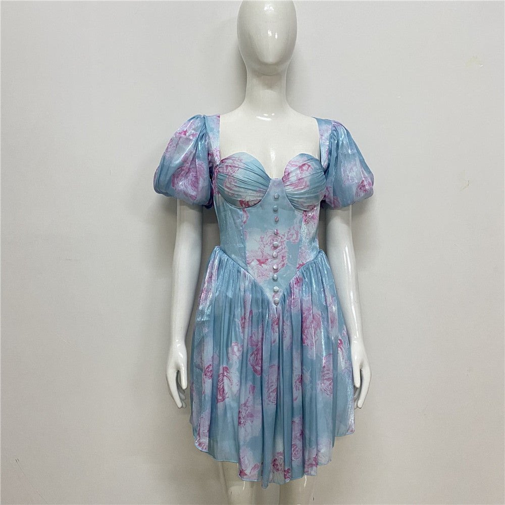 French sexy one-shoulder dress  summer new fashion puff sleeve pleated waist slimming dress