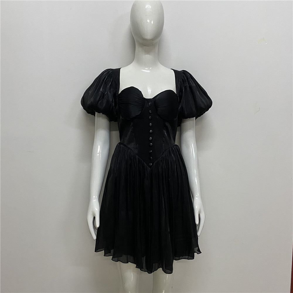 French sexy one-shoulder dress  summer new fashion puff sleeve pleated waist slimming dress