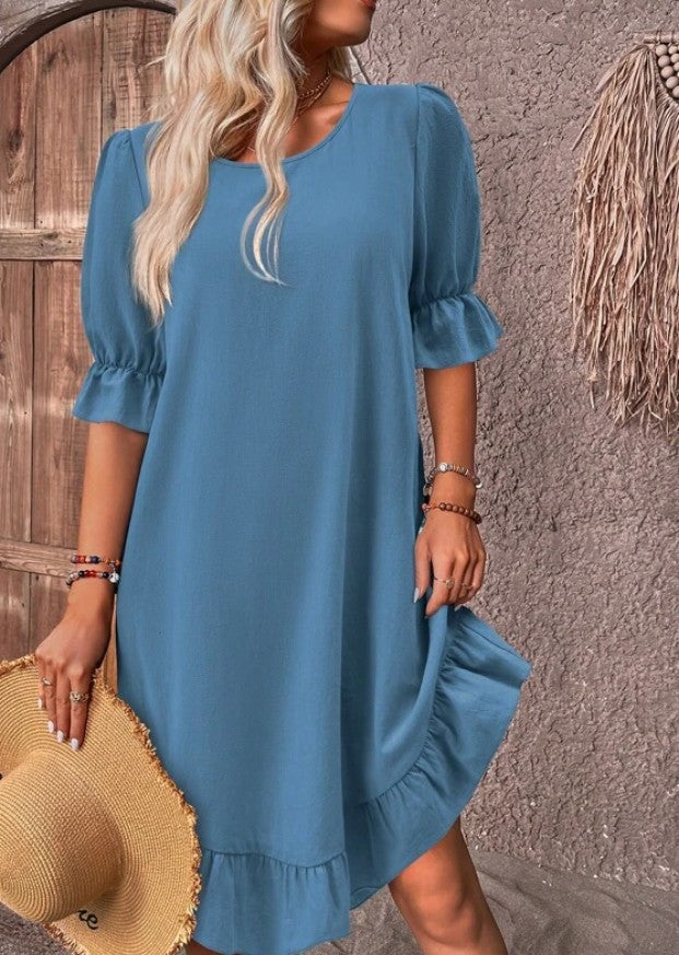 Spring and Summer women's retro cotton and linen mid-sleeve round neck solid color loose swing dress
