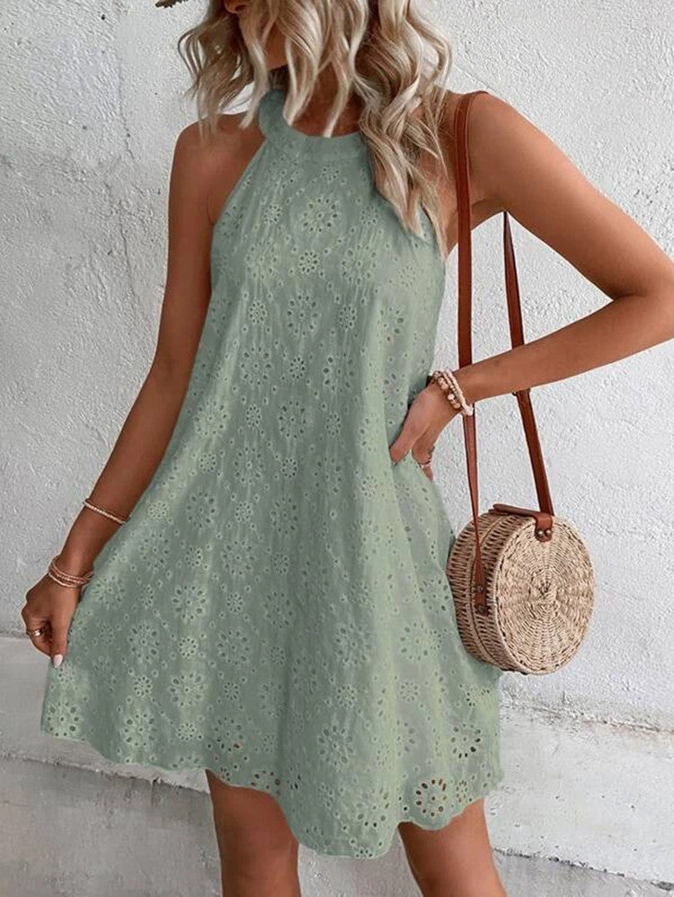 Summer New Women's Lace Solid Color Sleeveless Button Halter Dress