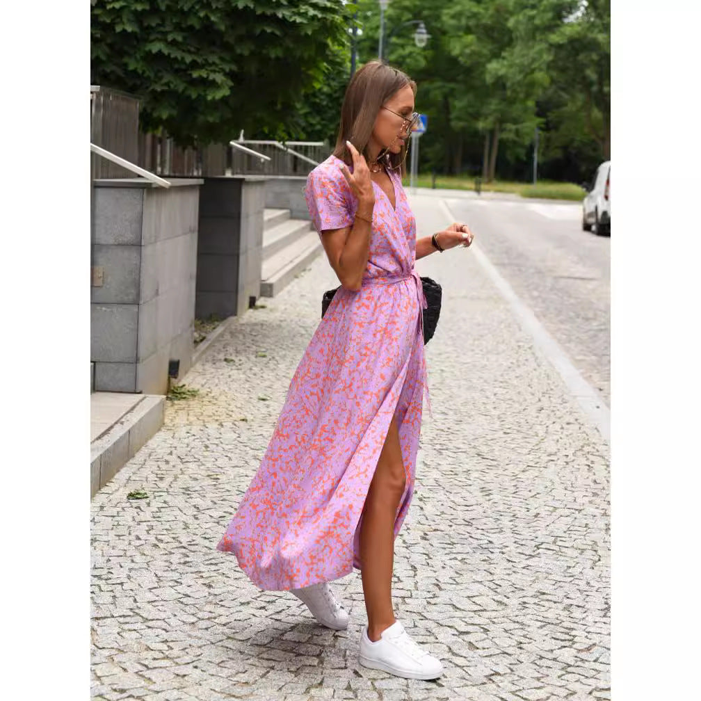 hot sale new summer European and American printed V-neck short-sleeved lace-up adjustable waist slit long skirt dress