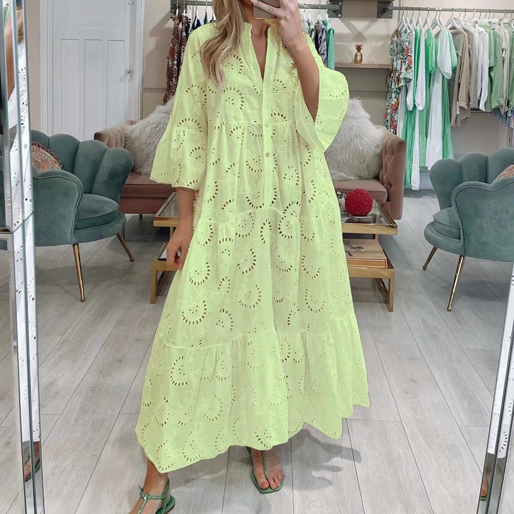 Summer and Autumn French Style V-neck Bell Sleeve Lace Hollow-out Solid Color Sexy Long Dress for Women