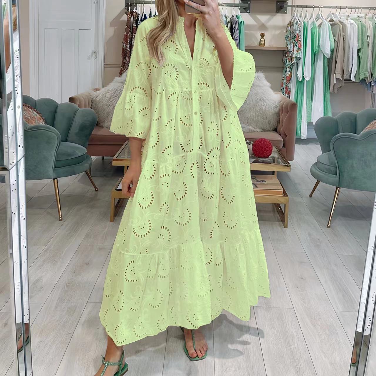 Summer and Autumn French Style V-neck Bell Sleeve Lace Hollow-out Solid Color Sexy Long Dress for Women