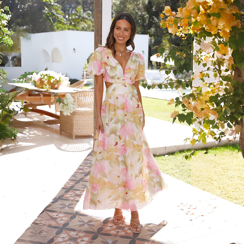 spring and summer new fresh and elegant floral large swing backless design dress