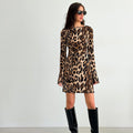 sexy backless leopard print dress women's spring and summer retro lace-up slim basic wood ear decorative short skirt