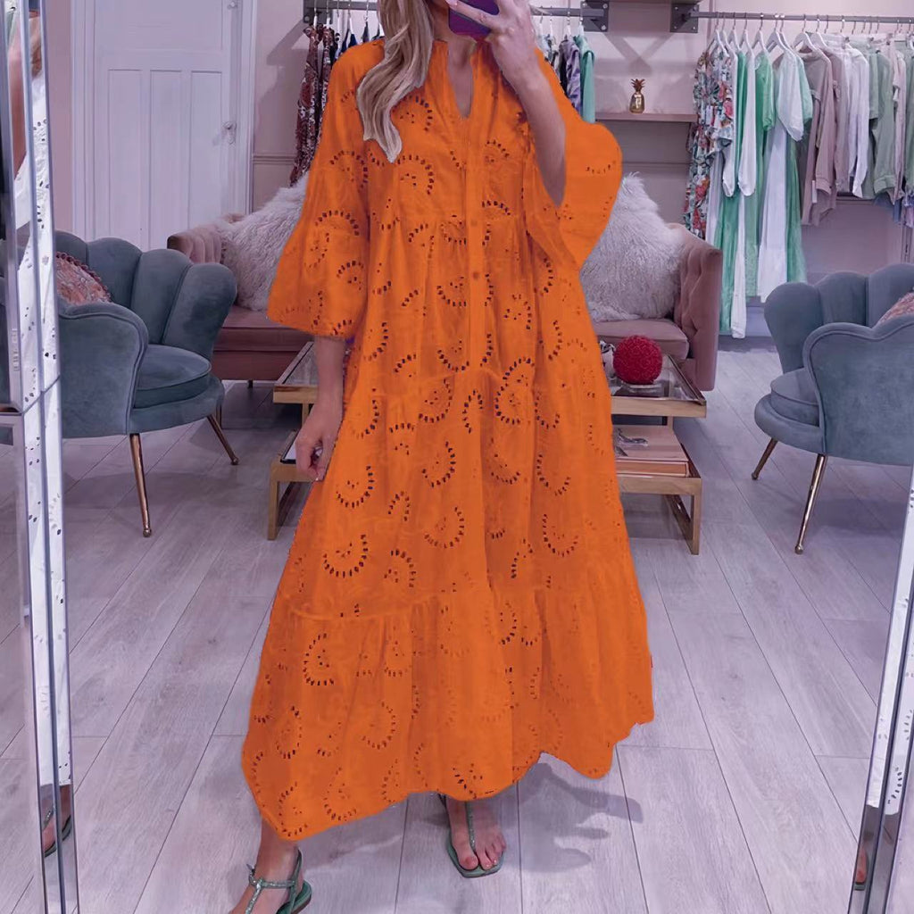 Summer and Autumn French Style V-neck Bell Sleeve Lace Hollow-out Solid Color Sexy Long Dress for Women