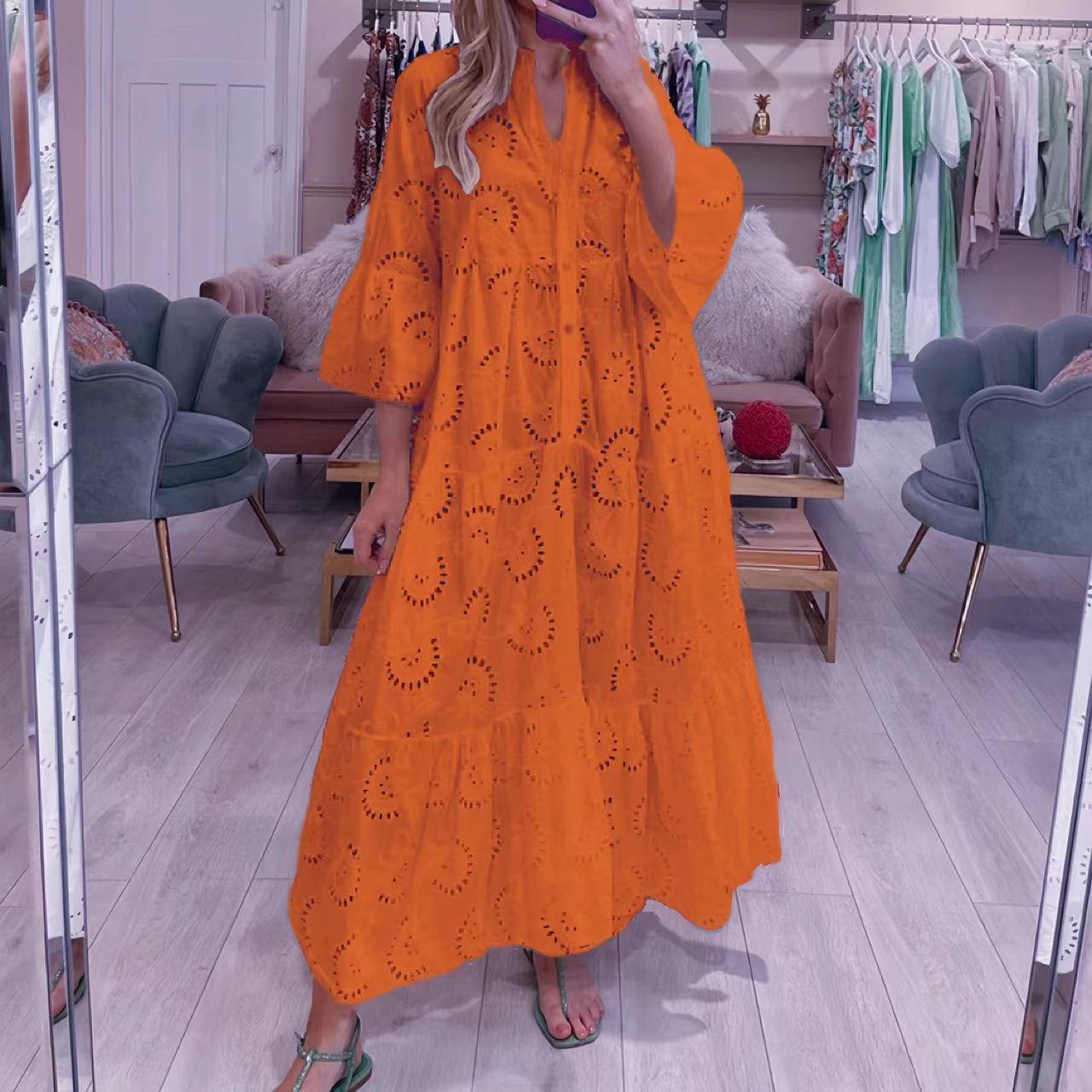 Summer and Autumn French Style V-neck Bell Sleeve Lace Hollow-out Solid Color Sexy Long Dress for Women