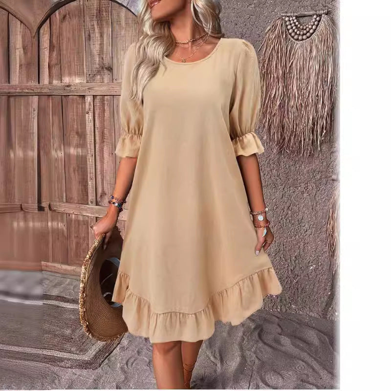 Spring and Summer women's retro cotton and linen mid-sleeve round neck solid color loose swing dress