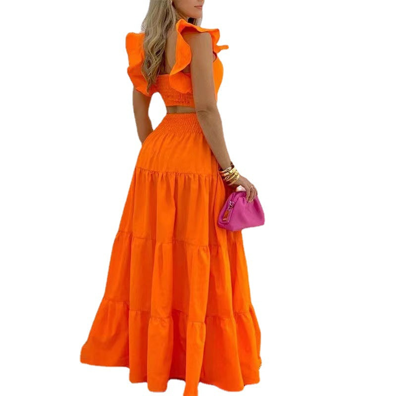 new temperament sexy solid color mid-waist suspenders two-piece suit dress