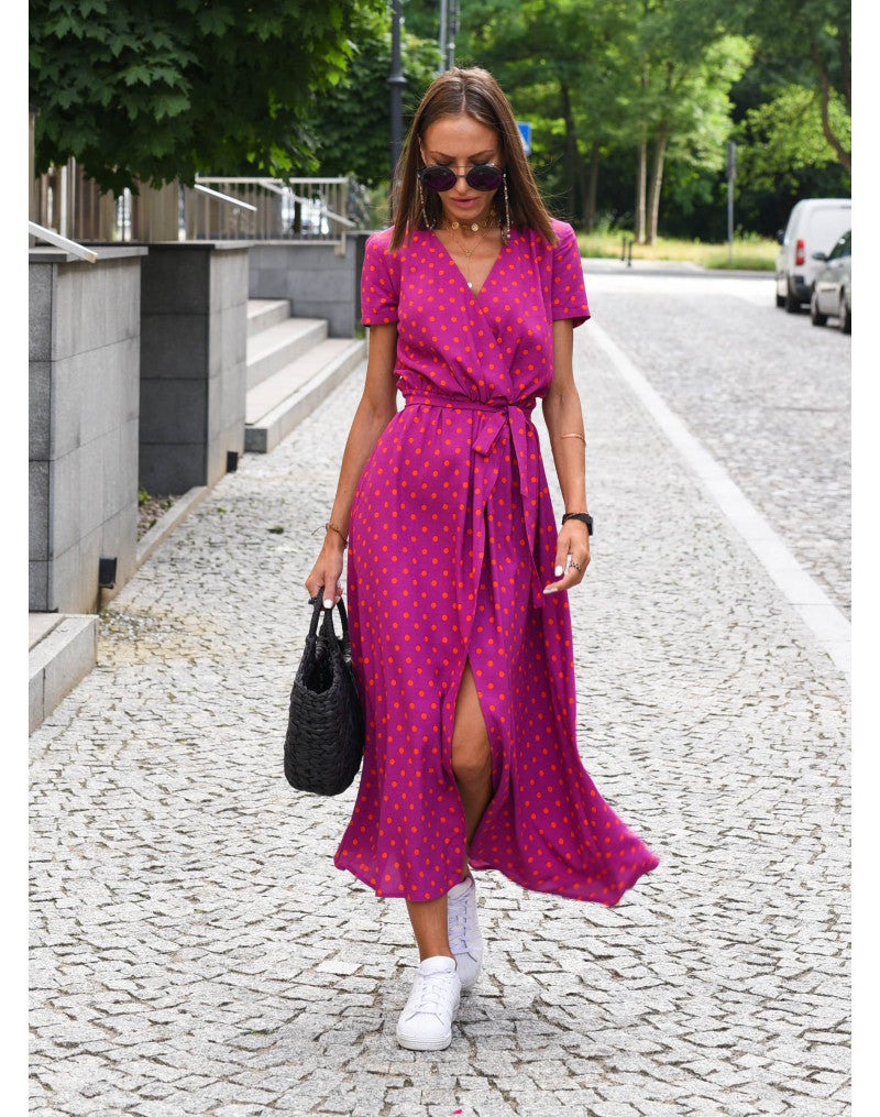 women's summer new v-neck print tie dress