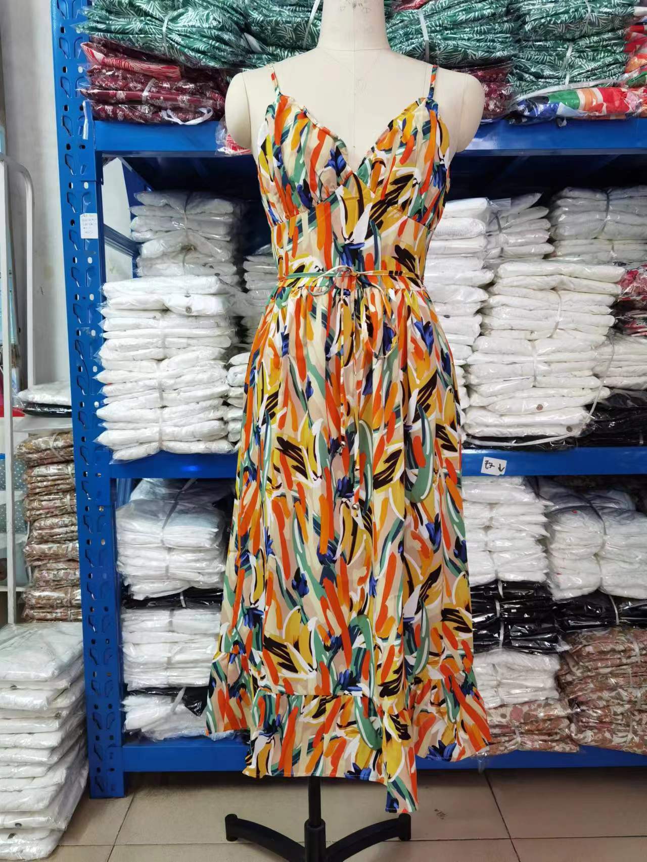 summer new women's print ruffled suspender dress