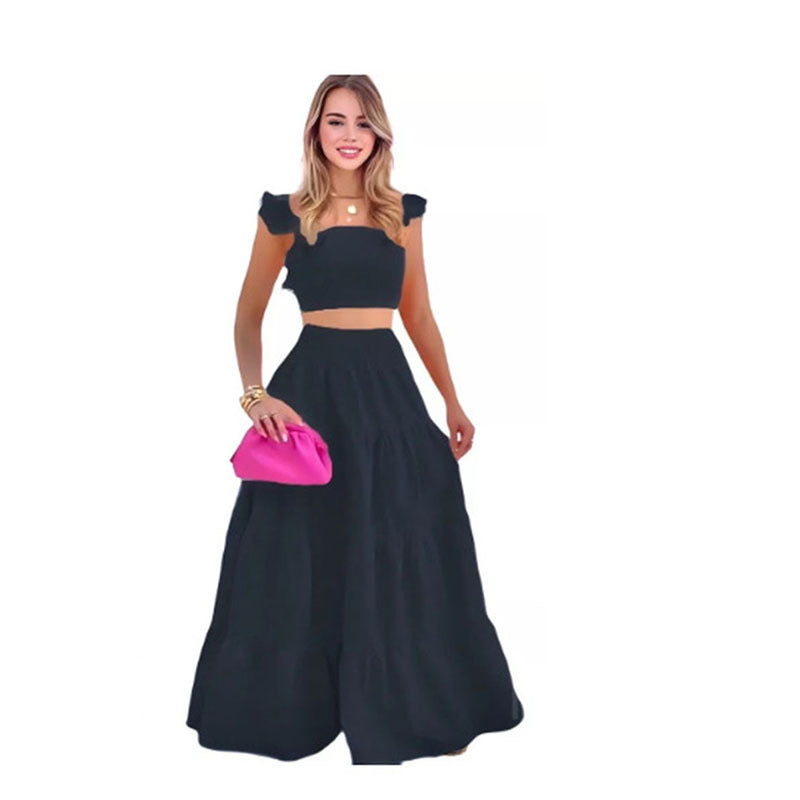 new temperament sexy solid color mid-waist suspenders two-piece suit dress