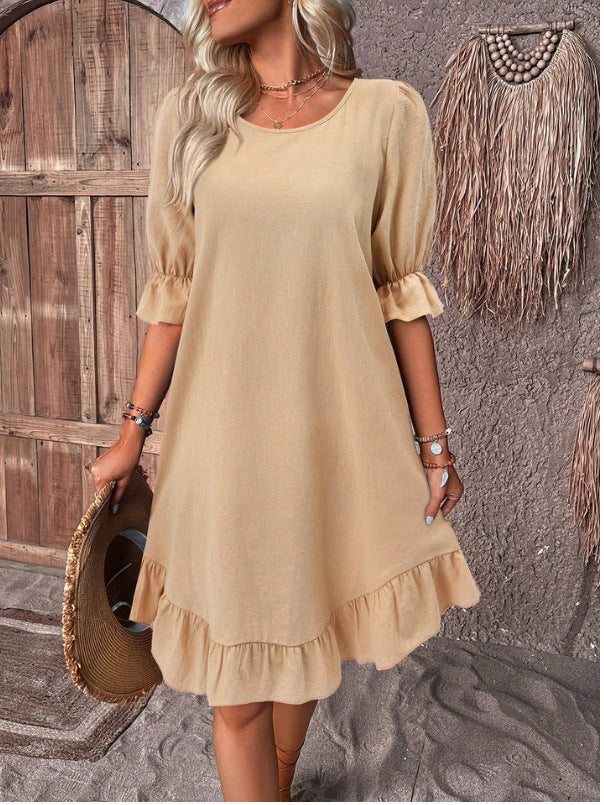 Spring and Summer women's retro cotton and linen mid-sleeve round neck solid color loose swing dress