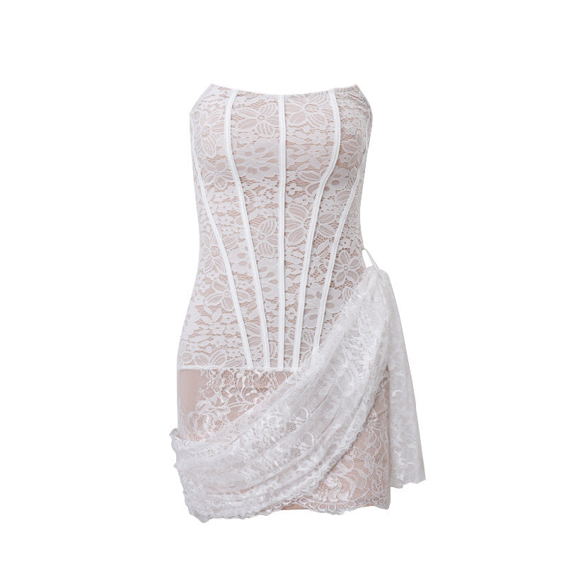 autumn new women's clothing sexy lace mesh one-shoulder tube top slightly transparent slim dress female