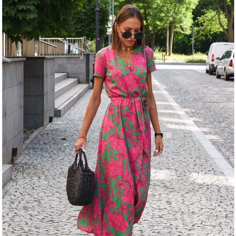 women's summer new v-neck print tie dress