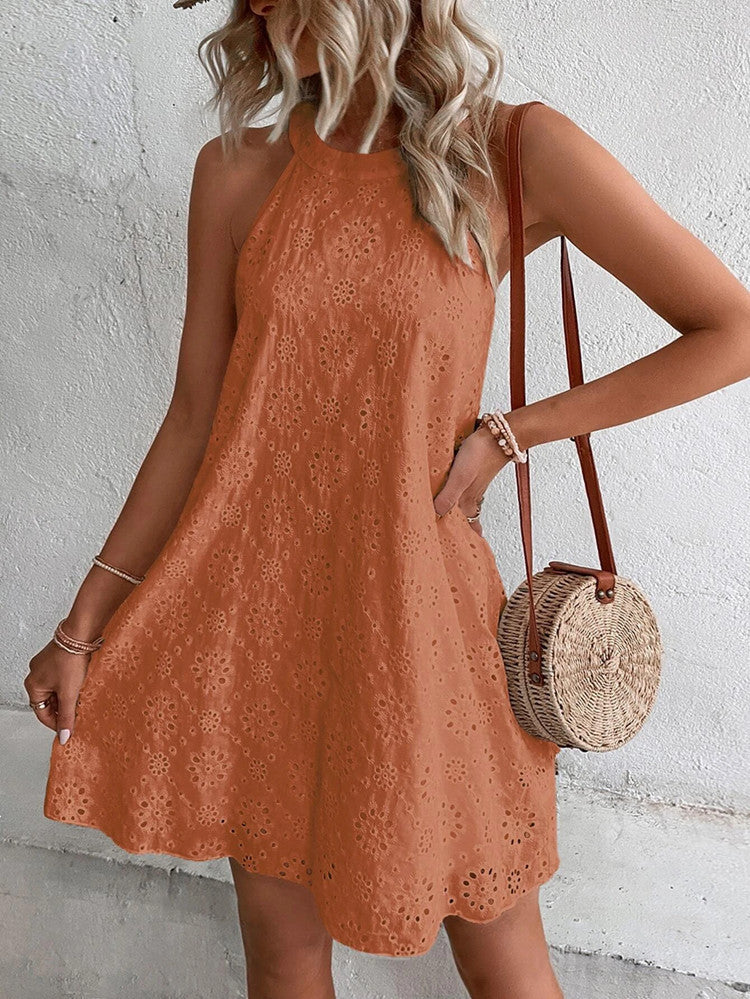 Summer New Women's Lace Solid Color Sleeveless Button Halter Dress