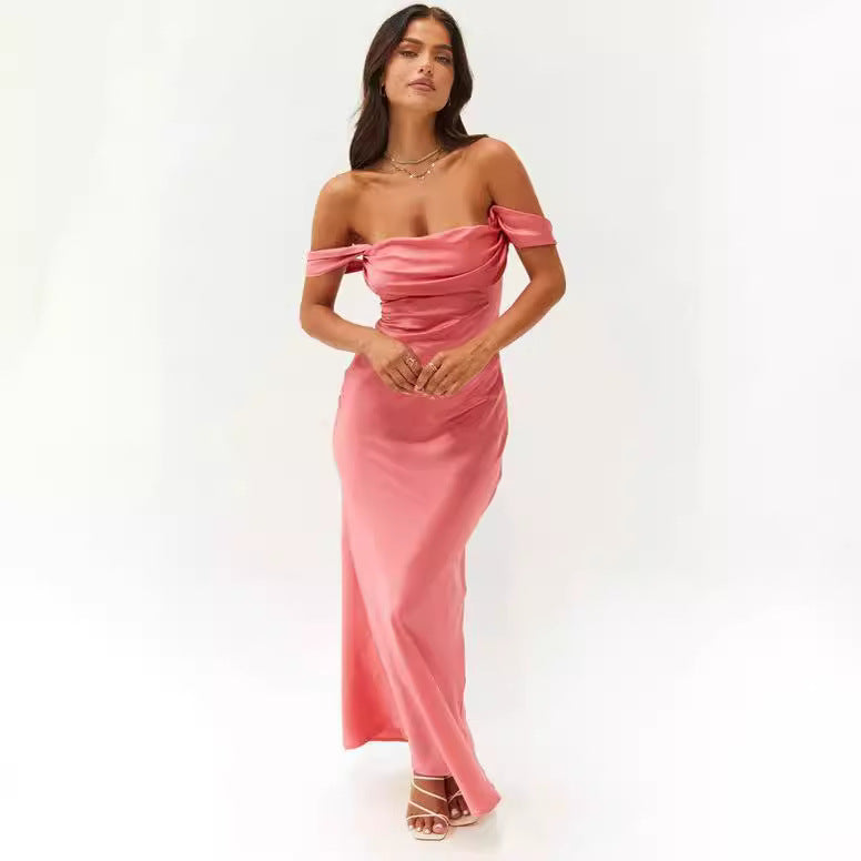 Spring and Summer New Ins One Shoulder Tube Top Satin Hip-Hip Backless Women's Dress Long Dress Evening Dress
