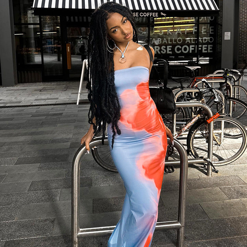 summer new high-end contrasting print tight tube top slit dress