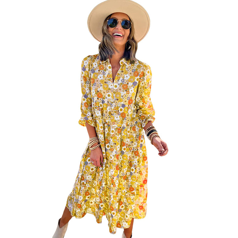 thin bohemian style printed long skirt for women autumn new ruffled dress for women