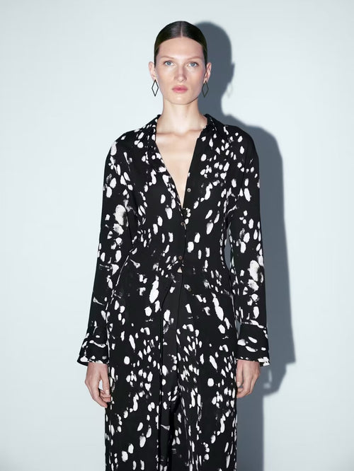 autumn new style new slim fit black and white printed design long long-sleeved dress