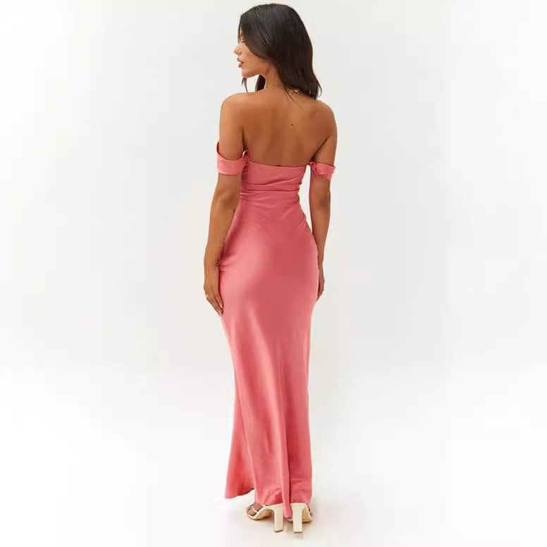 Spring and Summer New Ins One Shoulder Tube Top Satin Hip-Hip Backless Women's Dress Long Dress Evening Dress