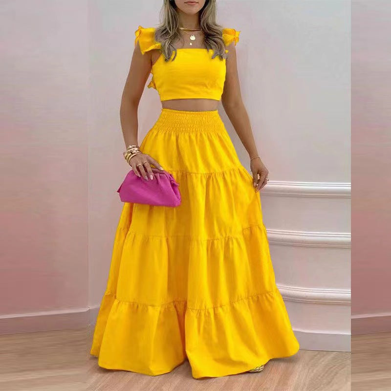 new temperament sexy solid color mid-waist suspenders two-piece suit dress