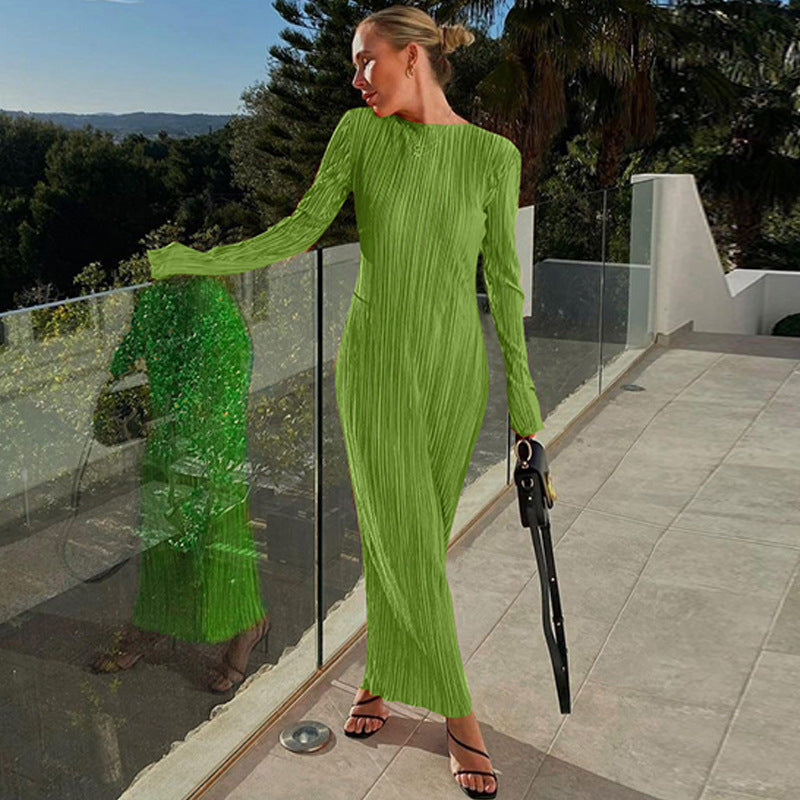style women's clothing autumn new fashion casual solid color round neck long-sleeved slim dress