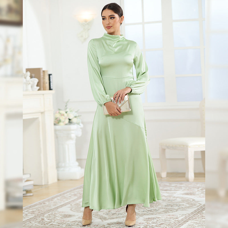 new autumn foreign trade satin conservative long-sleeved loose dress with elegant temperament women's evening dress