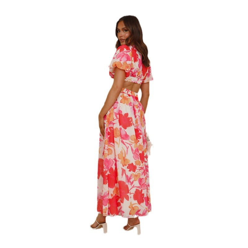 spring and summer new fresh and elegant floral large swing backless design dress