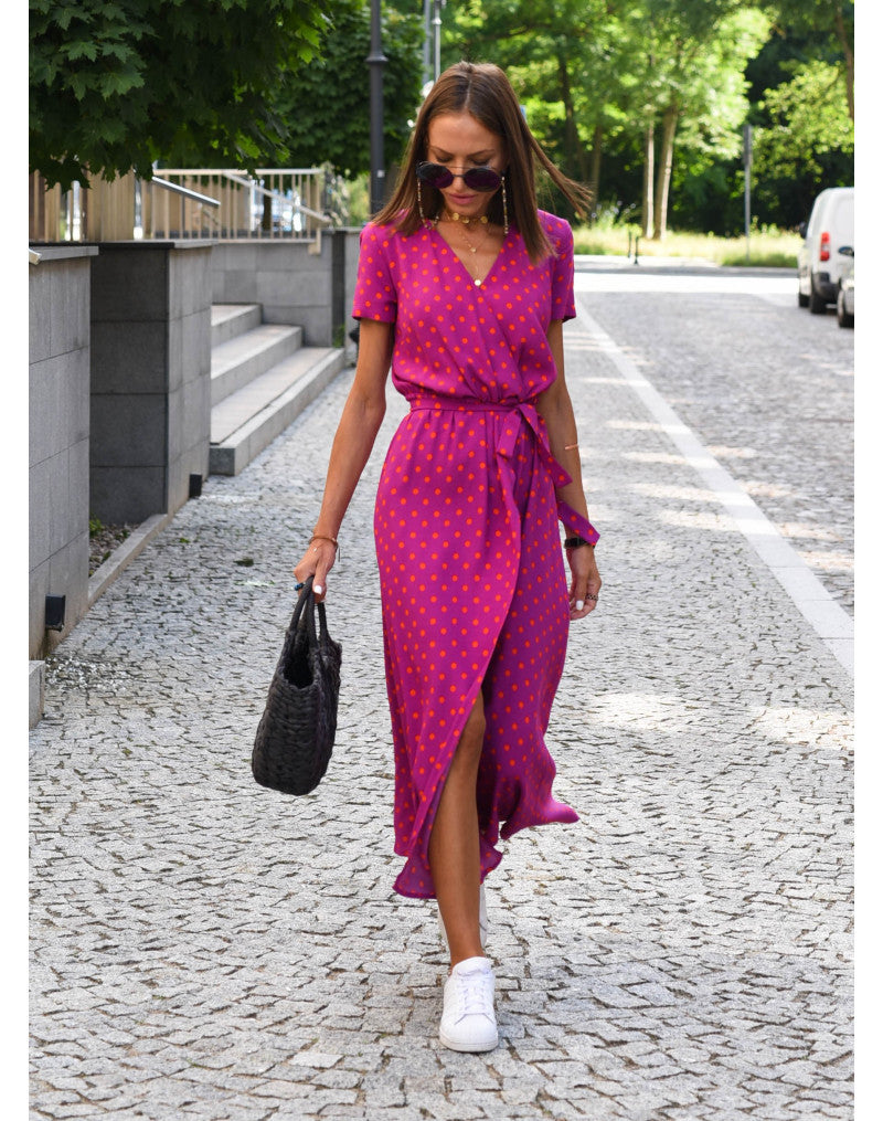 hot sale new summer European and American printed V-neck short-sleeved lace-up adjustable waist slit long skirt dress